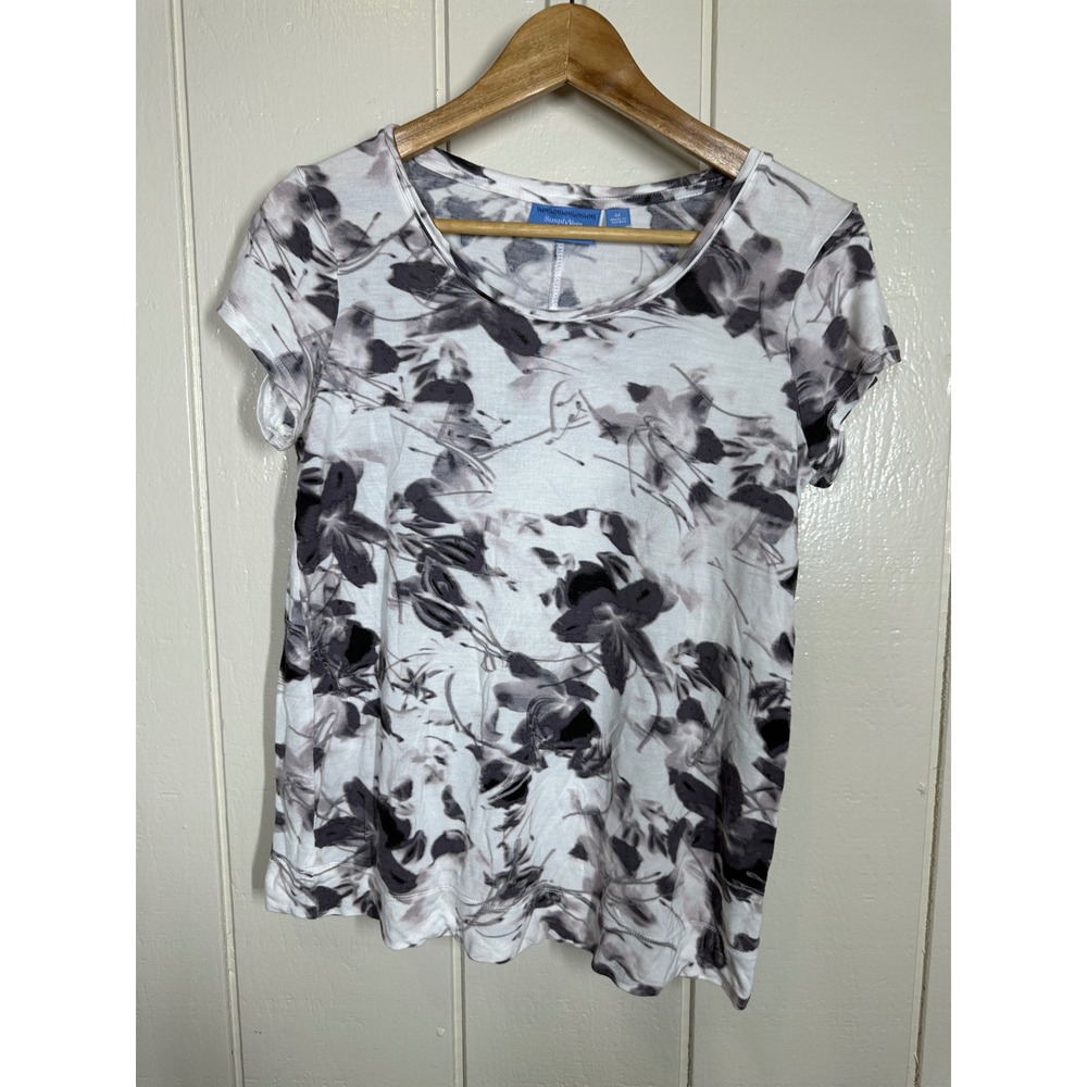 Simply Vera Vera Wang Top Womens M Gray Floral Scoop Neck Short Sleeve 7573
